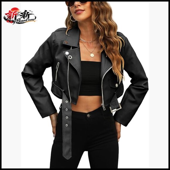 Cropped Faux Leather Jacket Bomber Zip Up Coat PU Moto